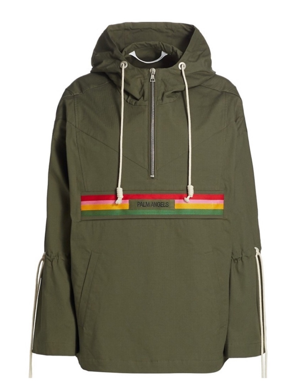 Palm Angels Olive Hooded Anorak with Multicolor Stripe